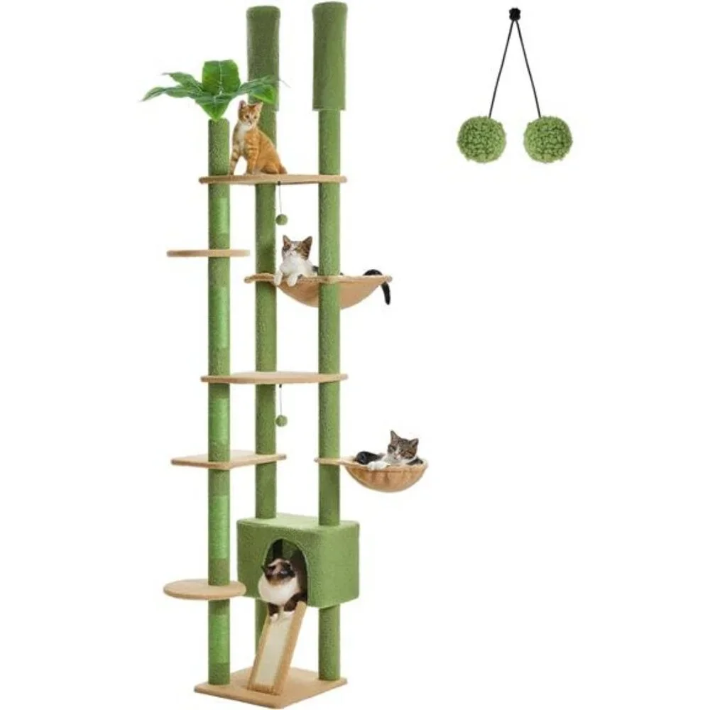 Cat Tree Tower Adjustable with Cat Condo Cat Hammock and Scratching Post, Green